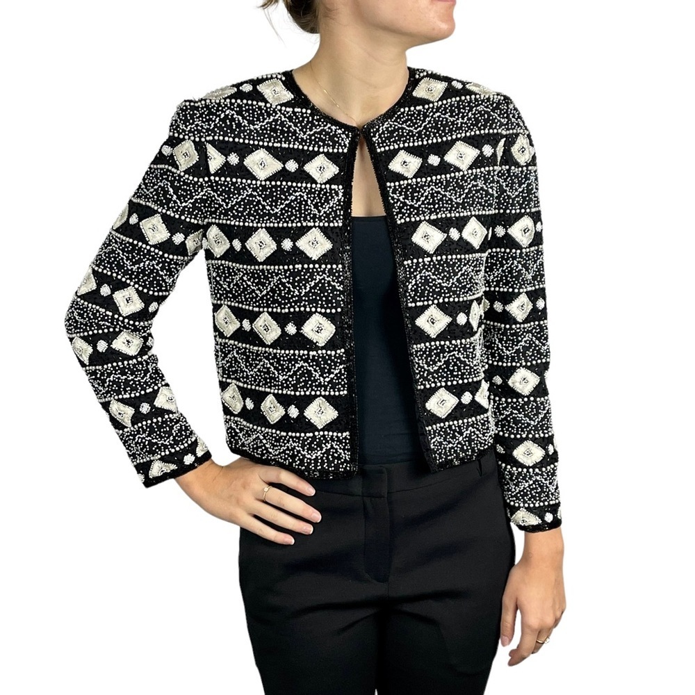 ADRIANNA PAPELL VINTAGE SILK BEAD EMBELLISHED BLACK WHITE EVENING HOLIDAY JACKET